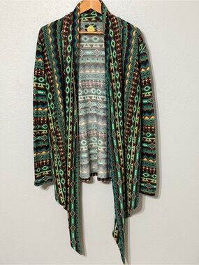 Double D Ranch Open-Front Aztec Print Cardigan Jacket - Teal & Brown Medium